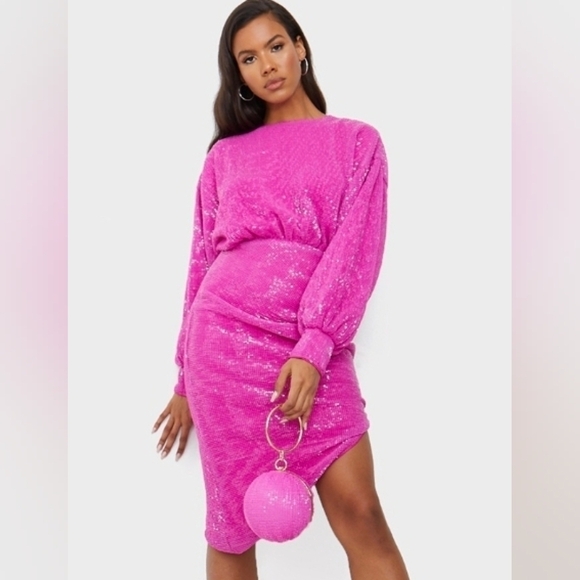 Pretty Little Thing BARBI Sequin Open Back Balloon Sleeve Midi Dress HOT PINK - Picture 1 of 6